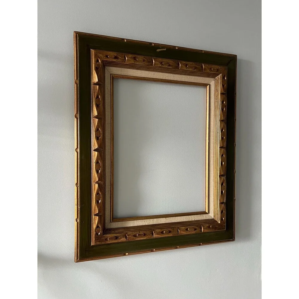 Vintage 12” x 16” Hand-carved Wood Frame w/Hunter Green, Gold, and Linen Detail